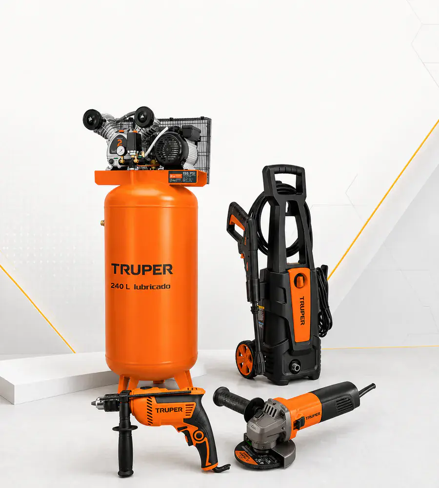 Compresora vertical, hidrolavadora, taladro y amoladora Truper para empresas